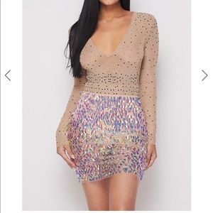 Nude mesh rhinestone long sleeve dress...